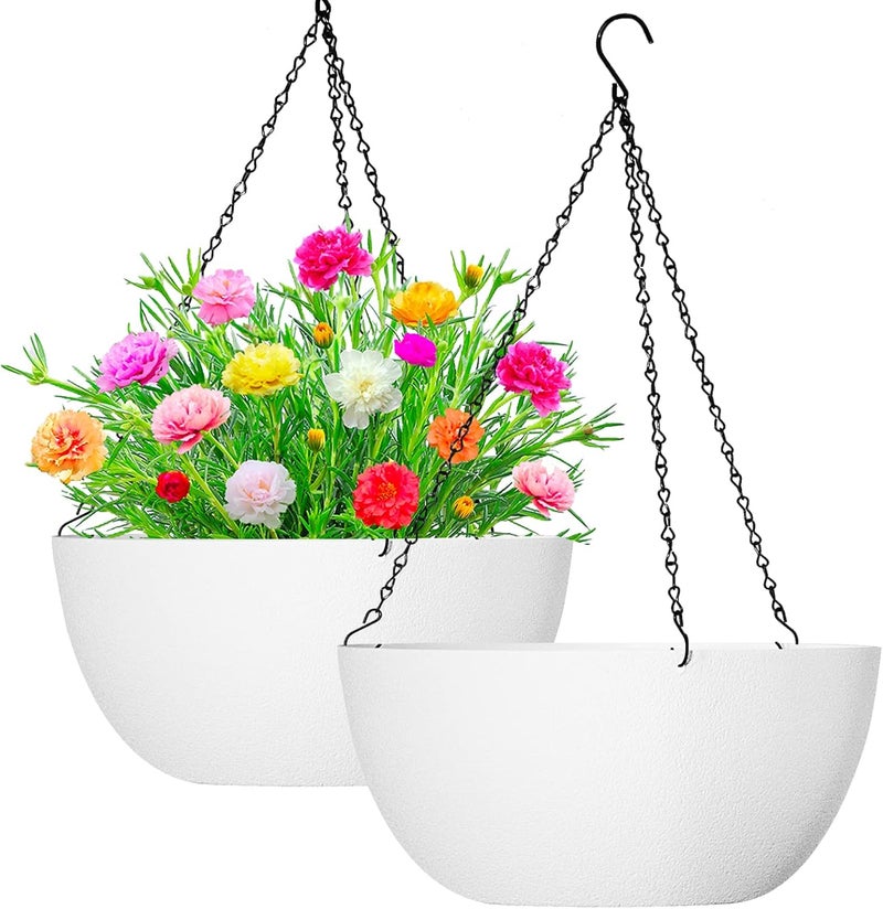WOUSIWER 13 inch 2Pack Large Hanging Planters for Outdoor Indoor Plants with Drainage Holes and Chain, Round Hanging Flower Pots for Garden Home Porch Decor, White - Image 1